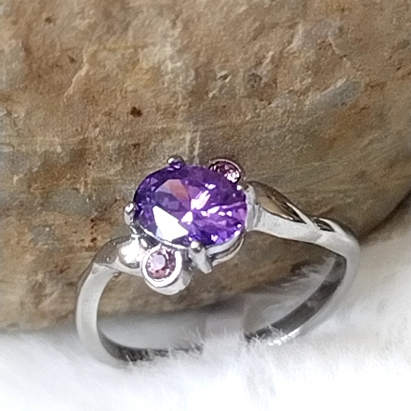 Stainless Steel Cocktail Ring Purple CZ Amethyst Color | Hypoallergenic - Picture 7 of 12